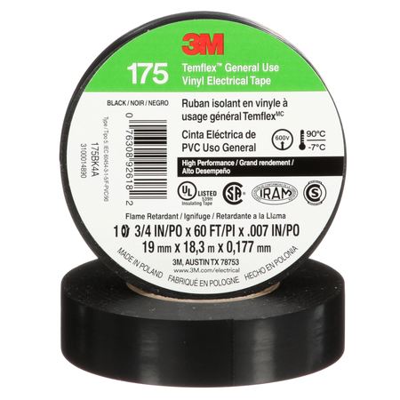 3M Temflex Vinyl Electrical Tape 175, Black, 3/4 in x 60 ft (19 mm x 18 m),  7100188506